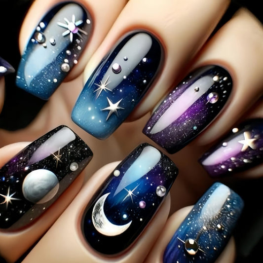 Press on Nails Medium Ballet Shaped Colorful Stars Sky Design Smudge False Nails Stars Ball Fake Nails Full Cover Starry Sky Stick on Nails Artificial Coffin Nails 24Pcs Glue on Nails for Women