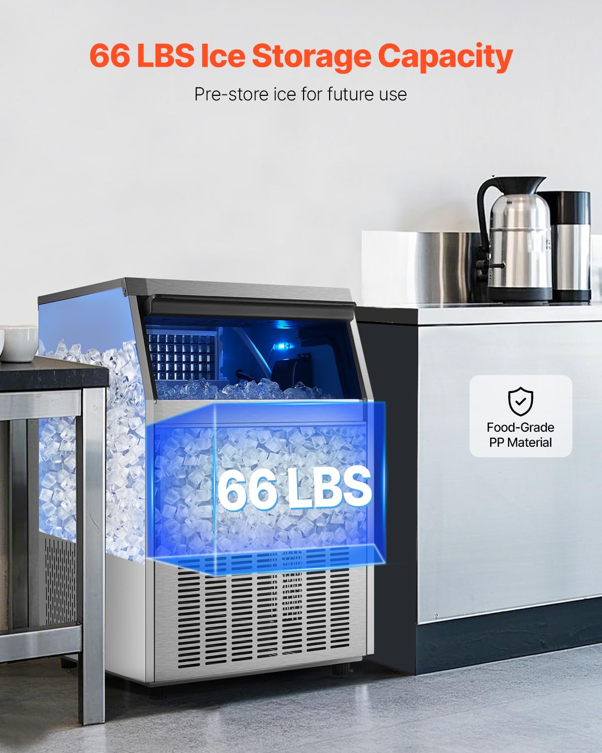 VEVOR 160lbs/24H Commercial Ice Maker Machine with Drain Pump, 66lbs Storage Capacity Ice Maker, 80 Ice Cubes in 15 Minutes, LED Digital Display Freestanding Self-Cleaning for Bar Office Restaurant