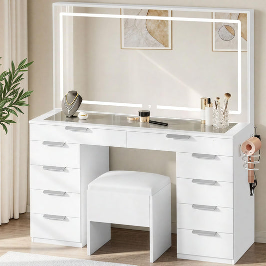 DWVO Vanity Desk Set with Mirror & Power Outlets, Vanity Table with 3 Dimmable Light Colors, 10 Drawers, Hair Dryer Rack – Modern Makeup Table with Hidden Storage Stool
