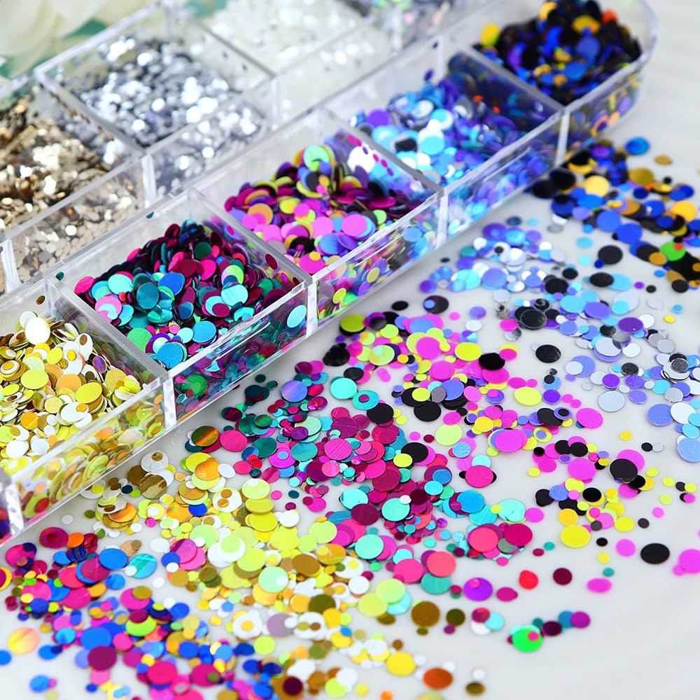 1 Box 12 Color Holographic Circle Nail Glitter Rings Nail Sequins 3D Silver Gold Nail Flakes Sparkly Glitter Flakes Shiny Nail Glitter Colorful Nail Sequins Glitter for Nails Art 12 Grids