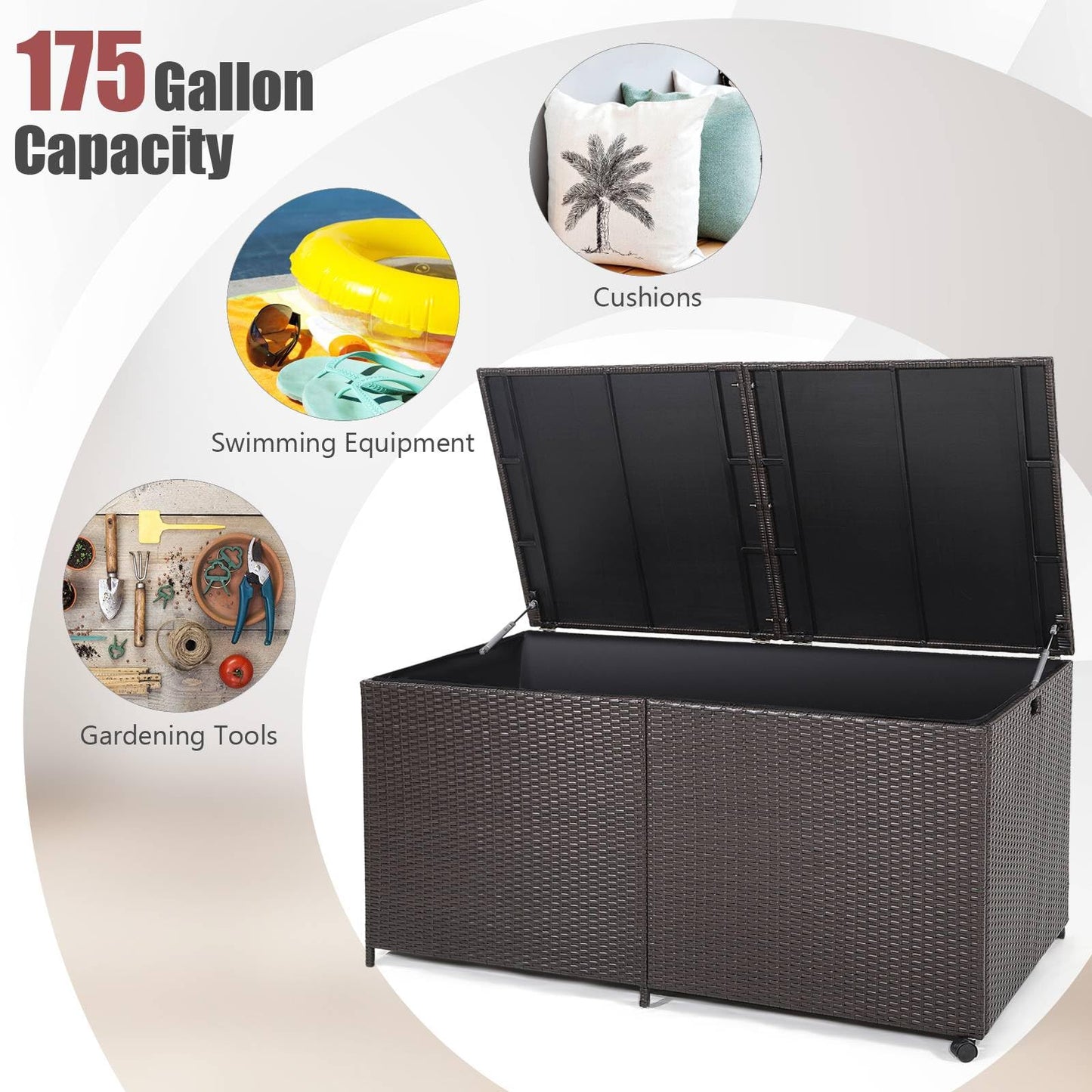 Tangkula 175 Gallon Outdoor Storage Box, Wicker Patio Deck Box with 2 Universal Wheels and Waterproof Zippered Liner, Outdoor Storage Container for Cushions, and Garden Tools