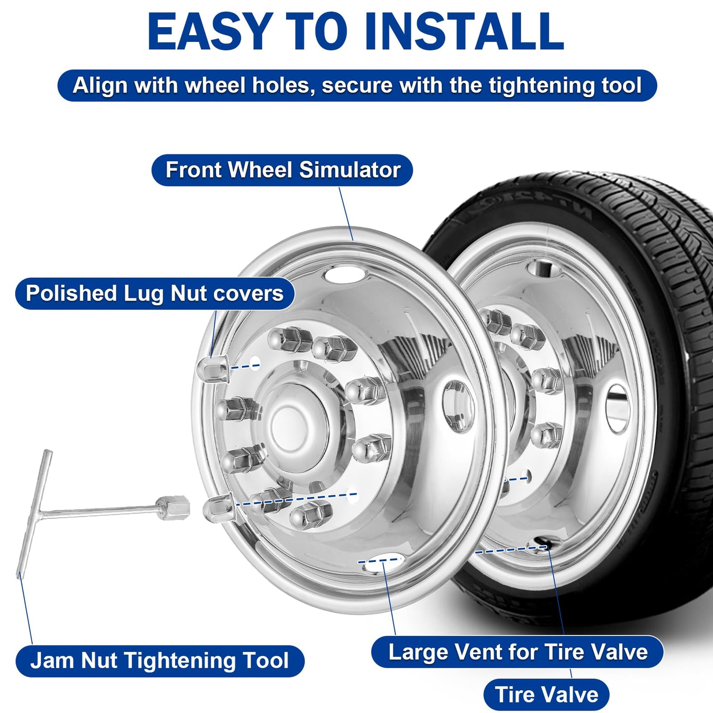 19.5" Wheel Simulators,19.5" 10 Lug Stainless Steel Hubcaps with Wheel Lug Bolts Kit,Polished Finish,2 Front Wheels/2 Rear Wheels,Wheel Simulators Suitable for 2005-2021 Ford F450/F550,Ford Raptor 2WD