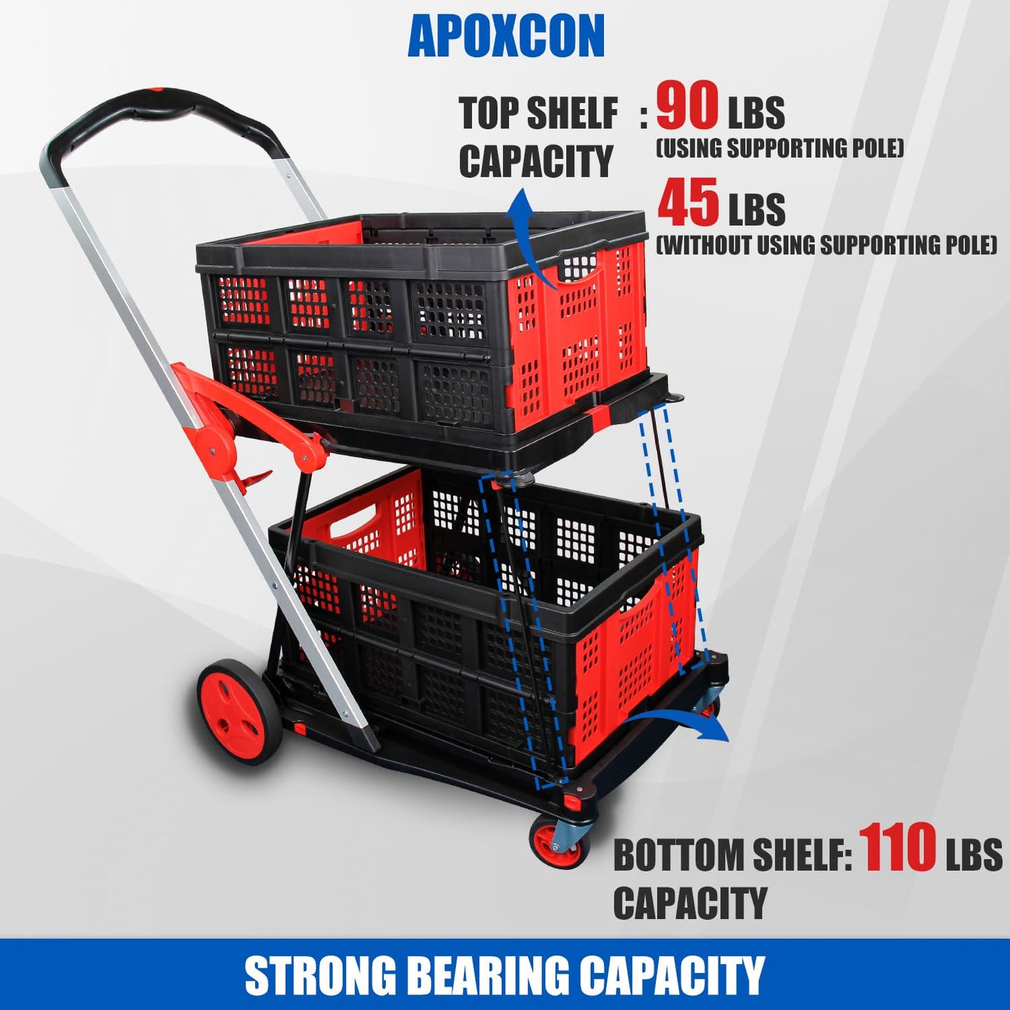 APOXCON Collapsible Shopping Cart with 2 Storage Crates 2-Tier Portable Utility Cart with Swivel Wheels 200lb Capacity Heavy Duty Folding Trolley for Shopping Office Warehouse Catering (Red)