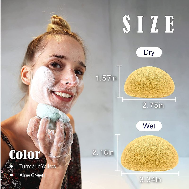 Natural Konjac Facial Sponges - for Gentle Face Cleansing and Exfoliation (2 Turmeric Yellow, 2 Aloe Green)