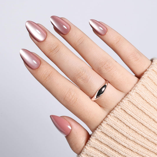 Cat Eye Press On Nails Almond - Mauve Short Fake Nails with Nail Glue, Pink Press On Nails Opaque Reusable Stick On Nails in 16 Sizes - 32 Nail Kit for Women & Girls | Salon Quality