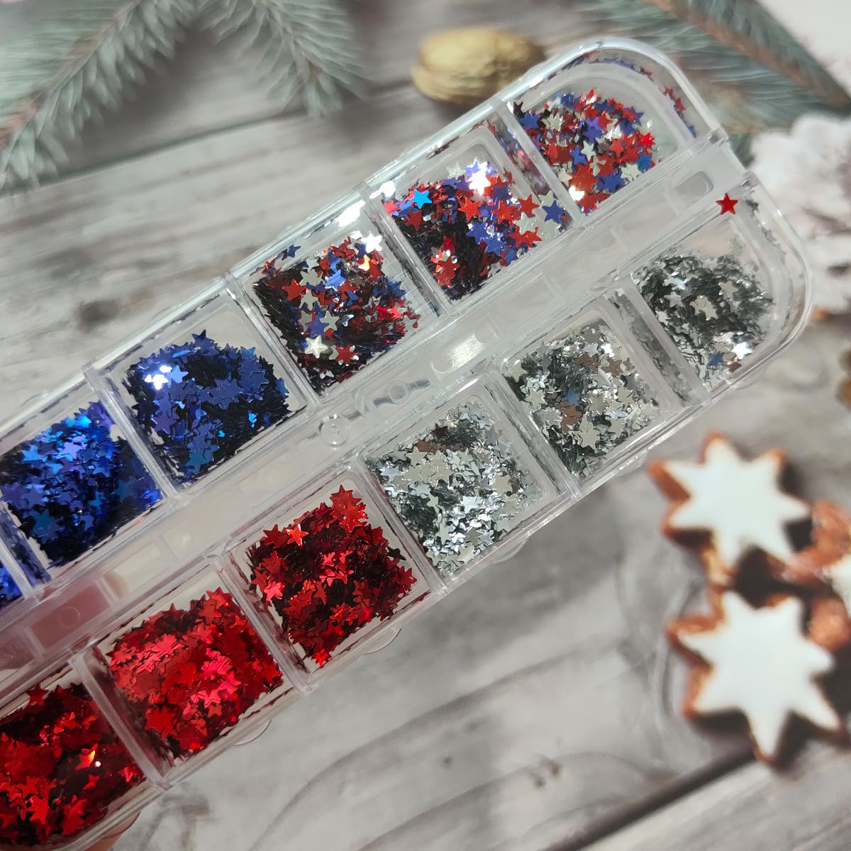 4th of July Nail Art Glitter Sequins 3D Holographic Nail Flakes Red Silver Blue American Flag Nail Art Design Shiny Star Nail Glitter for Acrylic Nails,Independence Day Manicure Decoration Accessories