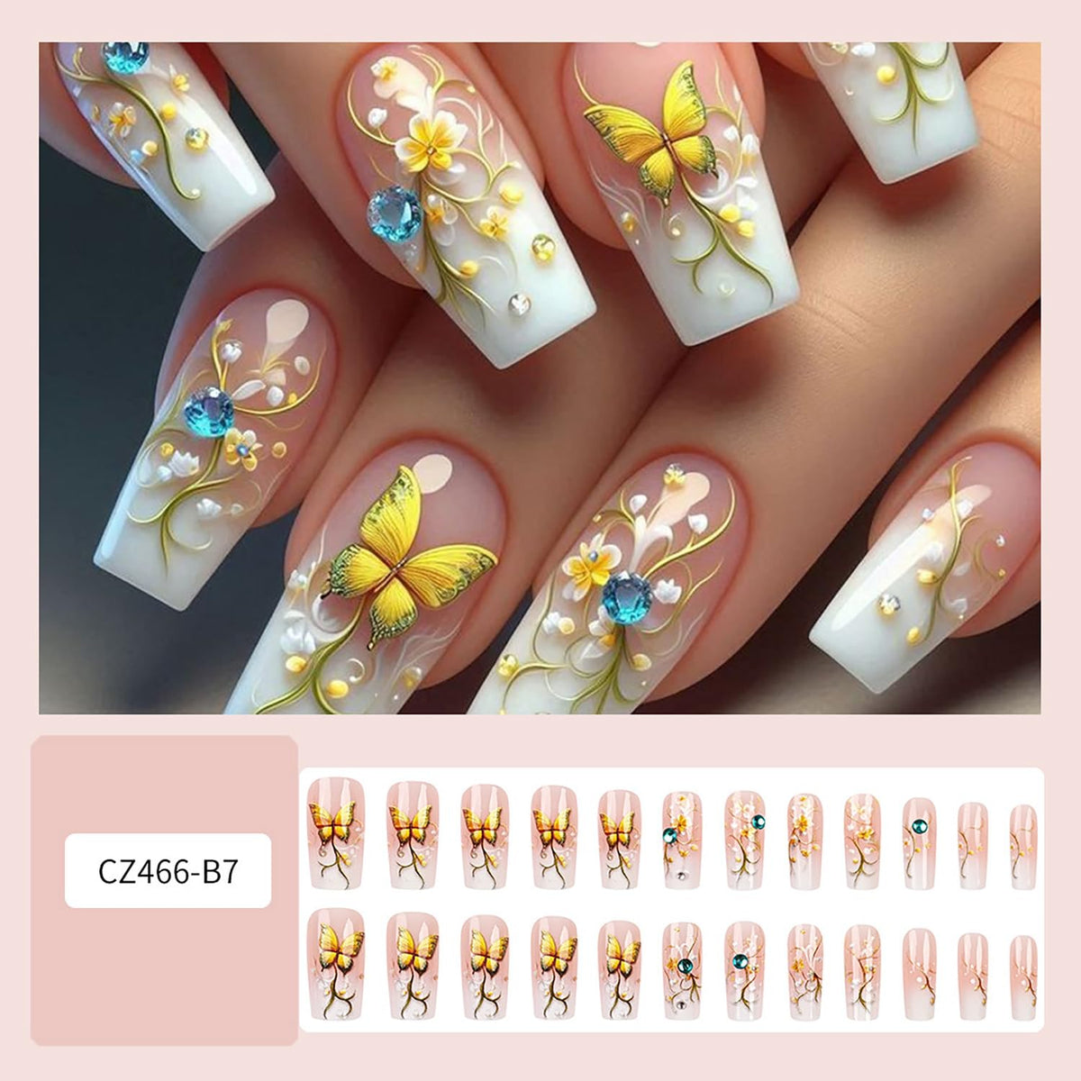 EYZOTSF Press on Nails Medium Square Shaped Acrylic Medium Square Shaped False Nails with Designs Artificial Short Coffin Fake Nails with Charms Glue ons Fingernails for Women Girls(CZ466)