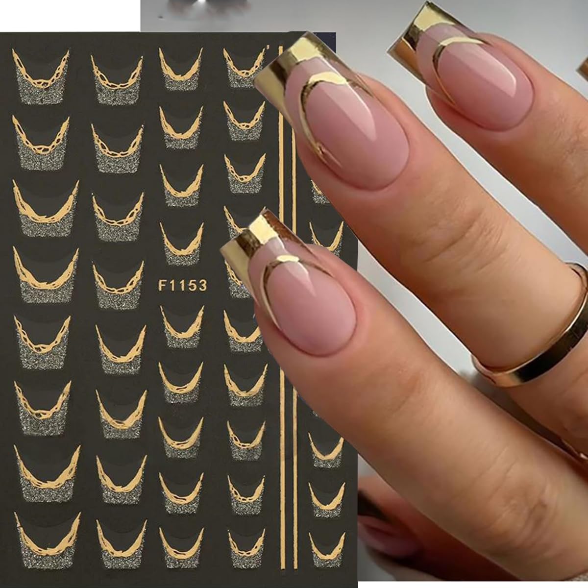 French Line Nail Art Stickers Golden Glitter French Tip Nail Decals Nail Art Supplies 6PCS Stripe Tape Wave Butterfly Nails Adhesive Sliders Manicure Sticker for Nails Women Daily DIY Nail Decorations