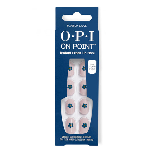OPI On Point Blossom Sauce | Short Round Light Lavender with Blue Flower Nail Art Press On Nails | 24 Count with Glue | Long Lasting, Reusable, Non-damaging | Fall 2025 Shades