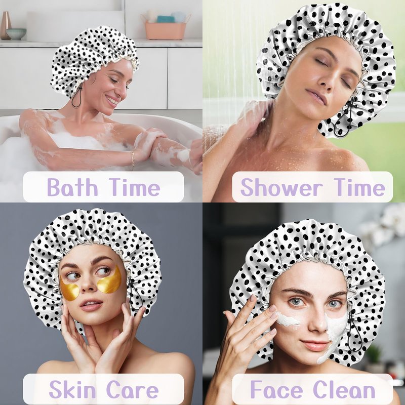 Deokke Luxury Shower Cap Silk Satin Lined Waterproof Reusable Adjustable Elastic Dry Hair Bathing Caps Cute for Women Girls-Spot