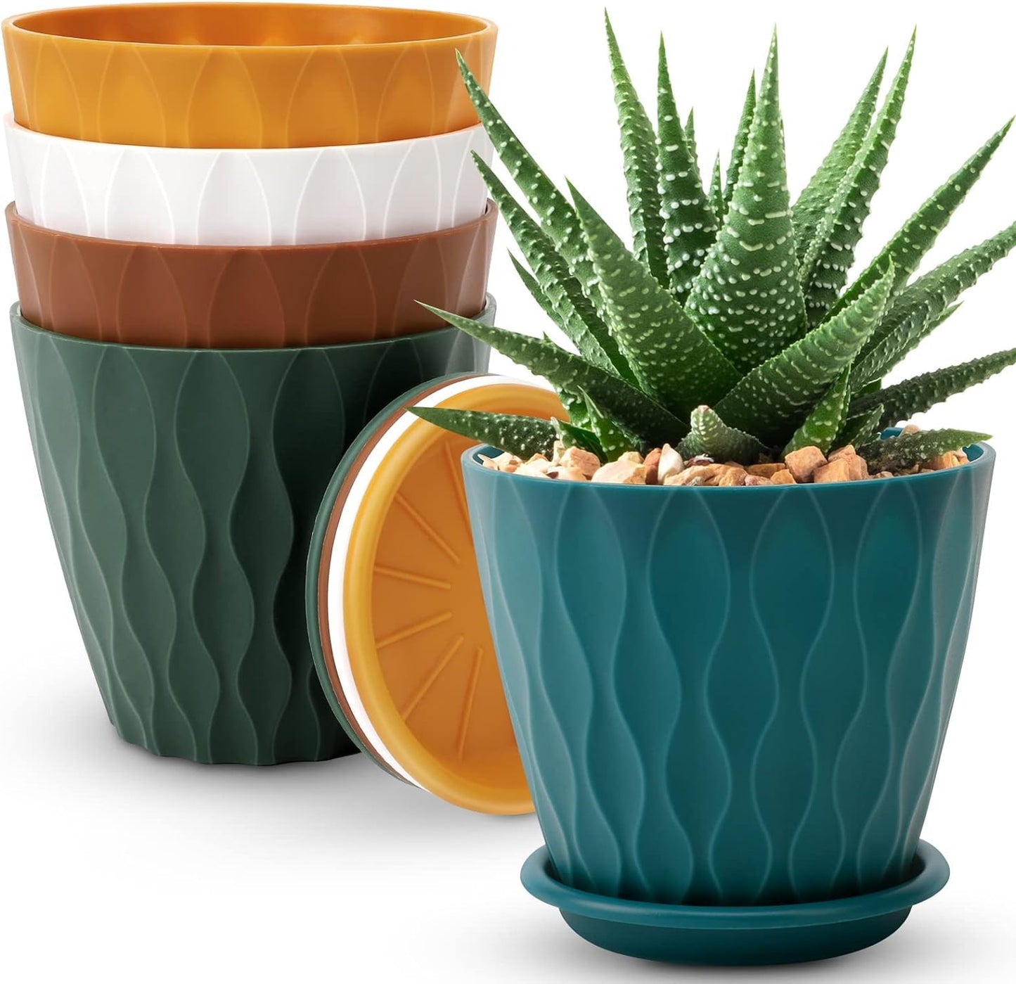 YNNICO 6 inch Plant Pots, 5 Pack Flower Pots Outdoor Indoor, Planters with Drainage Holes and Tray Saucersï¼Multicolorï¼