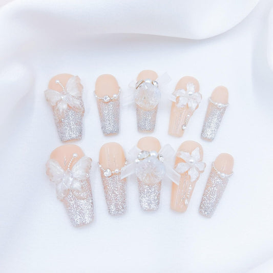 CAPTAIN CAT Handmade Press on Nails White Wedding 3D Flower Design Coffin length 1.22in Reusable Fake Nails for Women 20pcs (Diamond Vow, S)