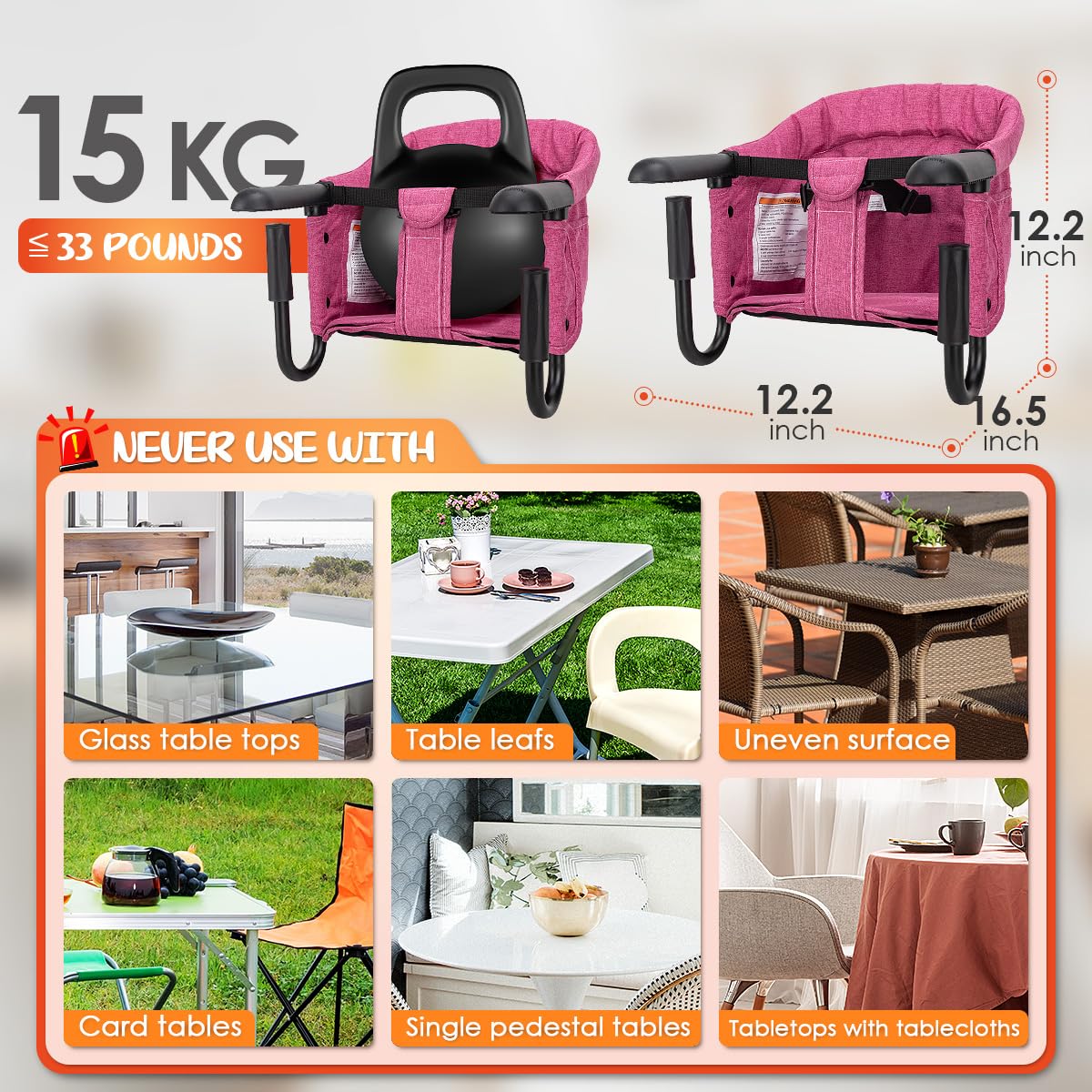 Hook On High Chair - Portable & Foldable for Babies 6-36 Months, Family & Travel Use with Carry Bag(Rose Red)