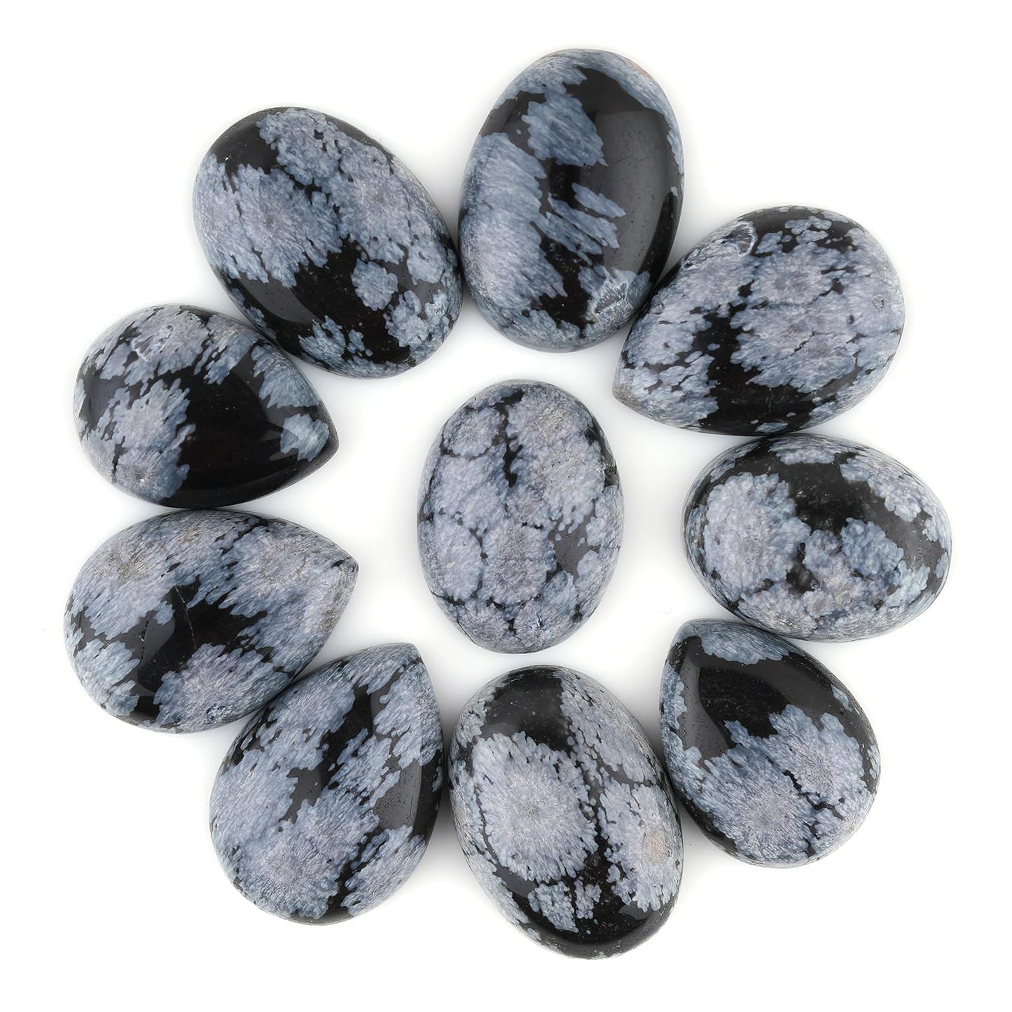 GemSymphony Natural Snowflake Obsidian Gemstone Cabochon Pack of 5 Mixed Shapes – Polished Crystal Stones for Jewelry Making Supply, Healing, Reiki & DIY Crafts, Natural Gem Cab Set for Wire Wrapping (10-20 mm)