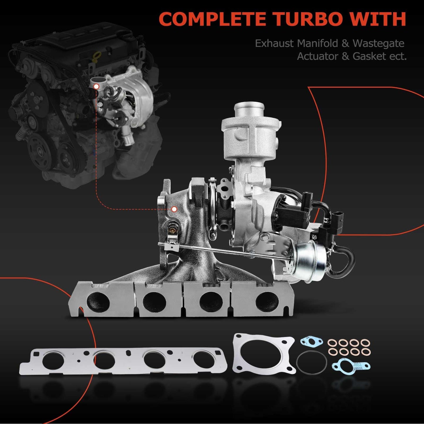 A-Premium K03 Turbo Turbocharger Kit with Gasket and Wastegate Actuator - Replaces 06H145702S, 06H145702L - Compatible with Audi A4, A4 Quattro, A5, A5 Quattro, A6, A6 Quattro, allroad, Q5, 2.0L, TFSI