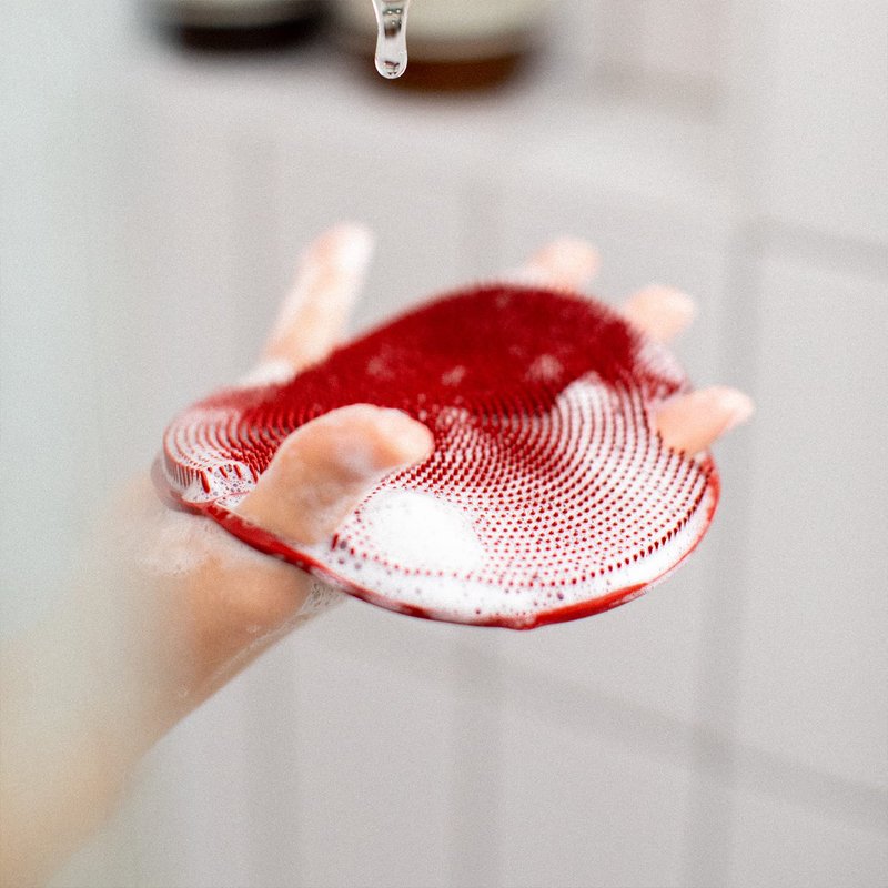 Boie USA Flat Body Scrubber - Soft Silicone-Like Exfoliating Shower Scrubber & Body Cleansing Brush - Stick-to-Wall Loofah Replacement - Antimicrobial Exfoliator for All Skin Types (Blue)