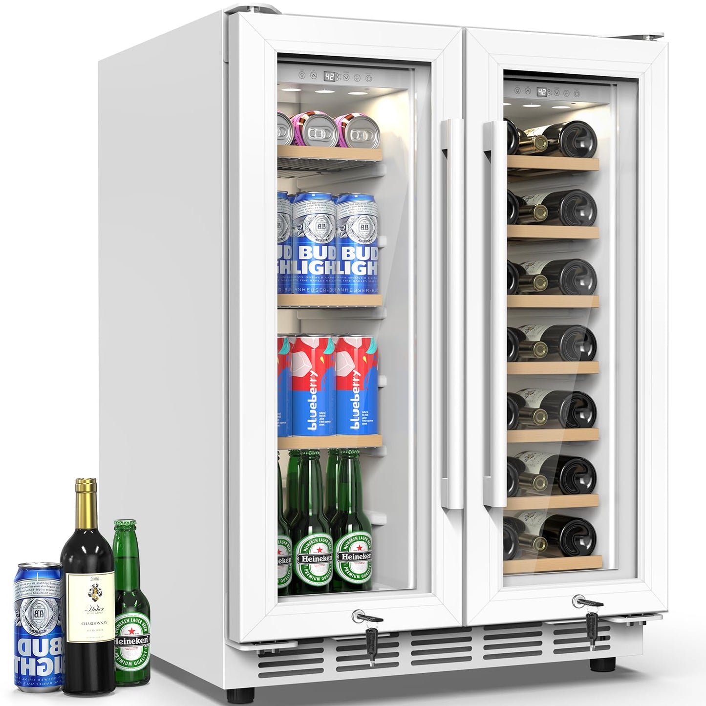 Velieta 24 Inch Dual Zone Wine and Beverage Refrigerator - Under Counter Built-in/Free Standing Beverage Cooler with Glass Door,Beverage Fridge with Large Capacity, Advanced Cooling System, White