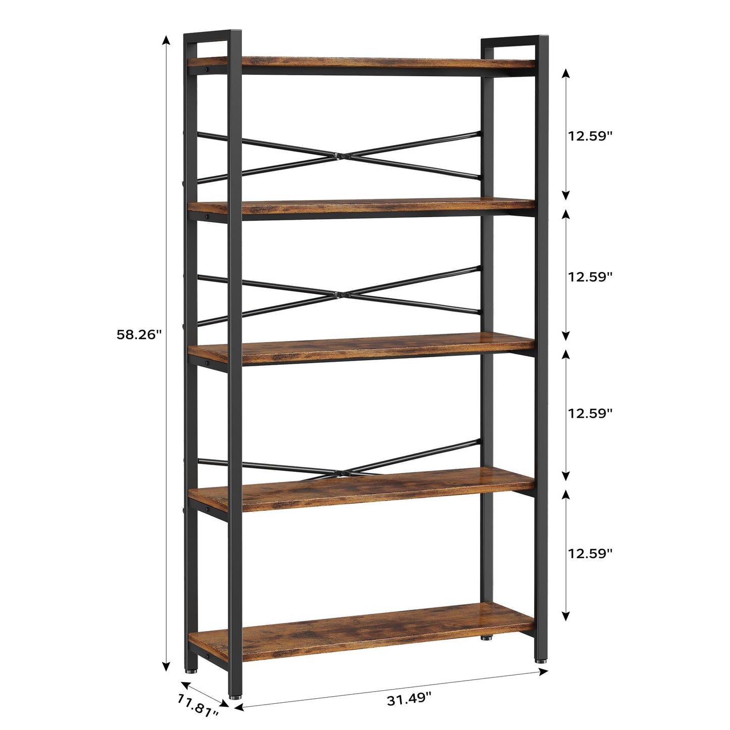 5 Tier Bookshelf 31.49" Width, Book Organizers and Storage, Wood and Metal Tall Bookcase, Rustic Book Shelf Organization and Storage for Home Living Room Bedroom Office Storage(Rustic Brown)
