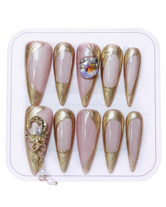 CAMILCY Press on Nails Handmade Nails Luxury Reusable Fake Nails For Girls long Almond Armor Tip Golden Pink Diamonds HandPainted Salon Loveful Design Acrylic GelUV Finished 3D Nails 10PCS (A003, M)