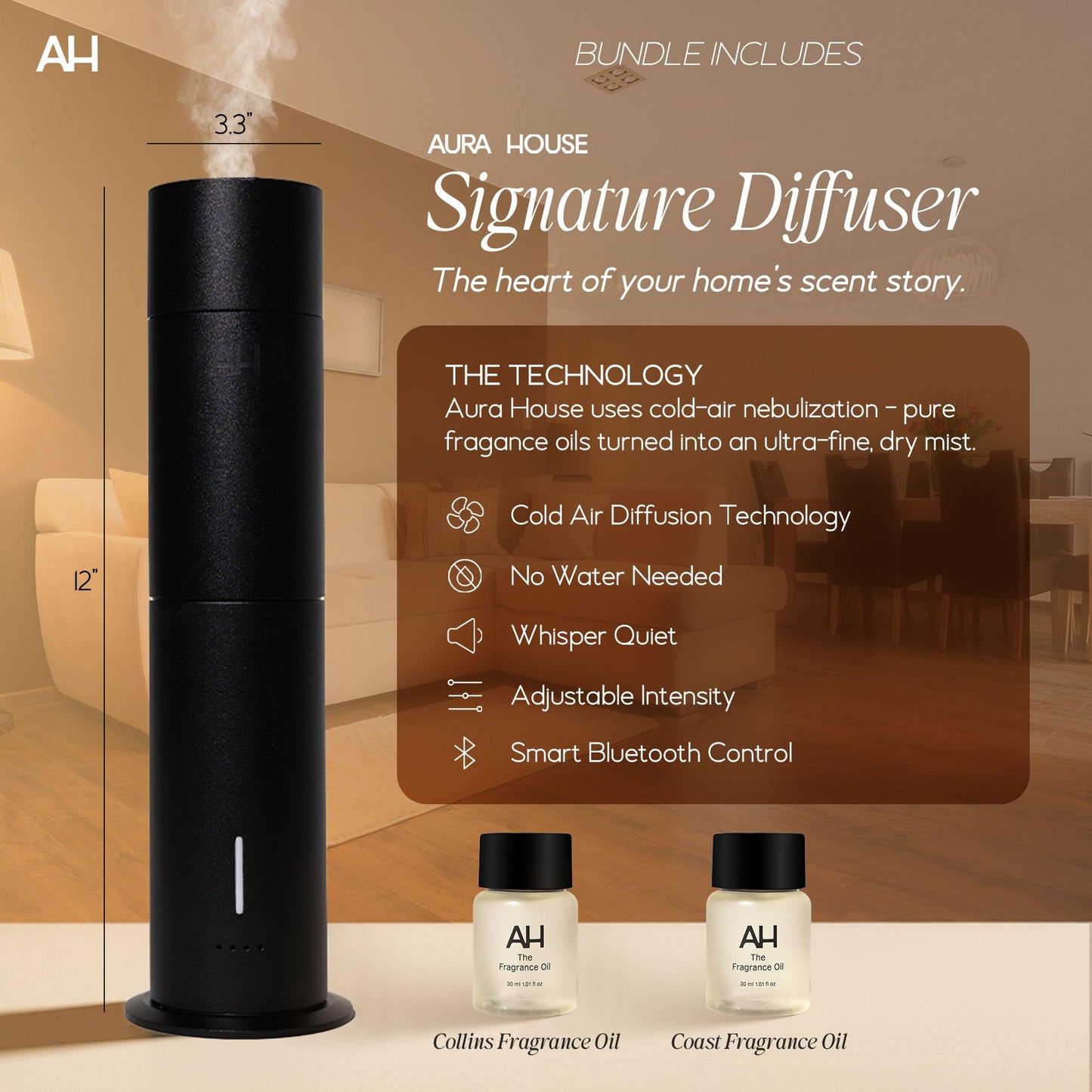 Aura House Smart Cold Air Diffuser & Fragrance Oil Duo – Bluetooth App-Controlled Diffuser for Home (Collins & Coast 30 ml Oils) – Hotel-Inspired Scents, Effortless Ambiance