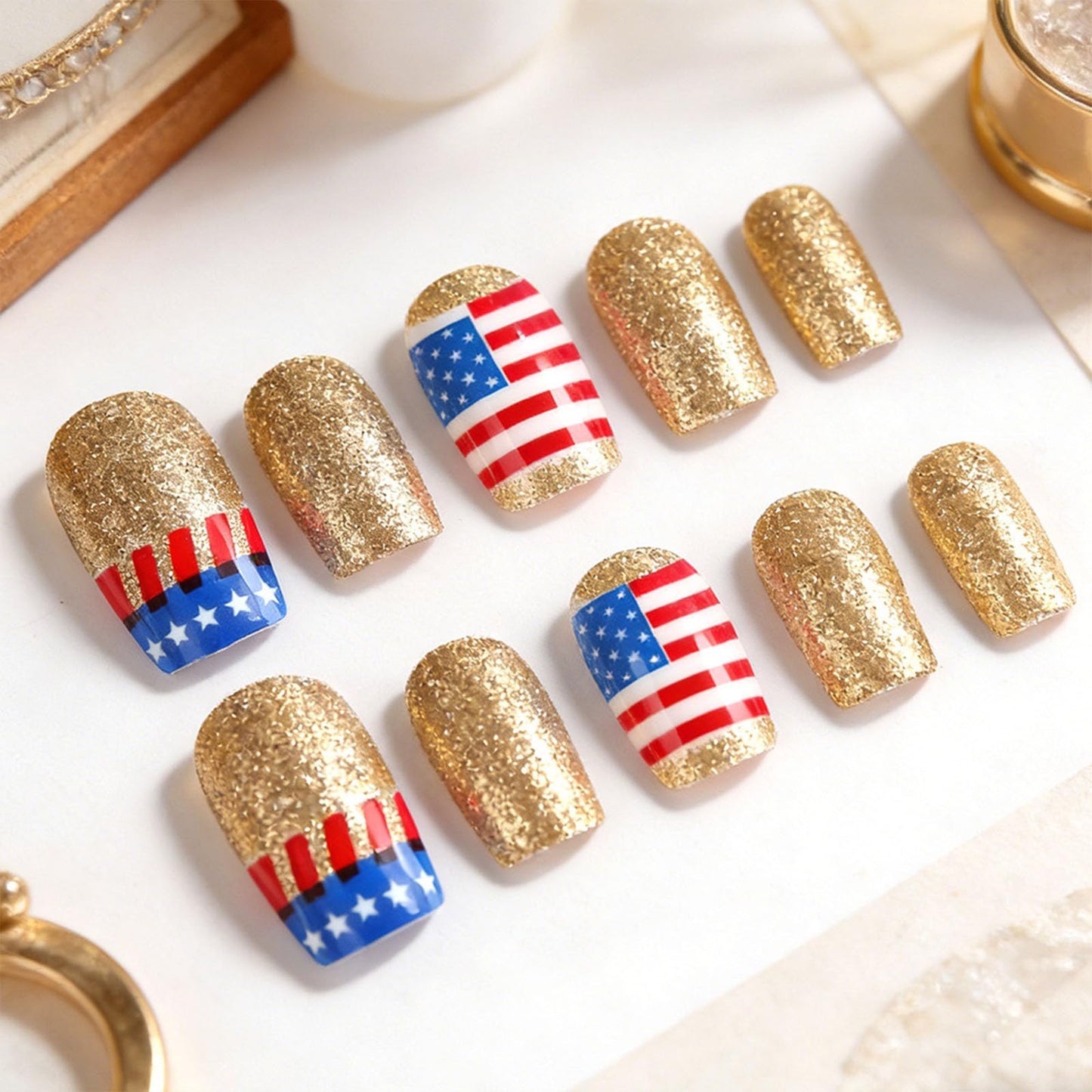 4th of July Press on Nails Medium Square Fake Nails National Flag Red Lines White Star Gold Glitter Designs Glossy Nails Press ons Fourth of July Acrylic Artificial Stick on Nails for Women 24Pcs