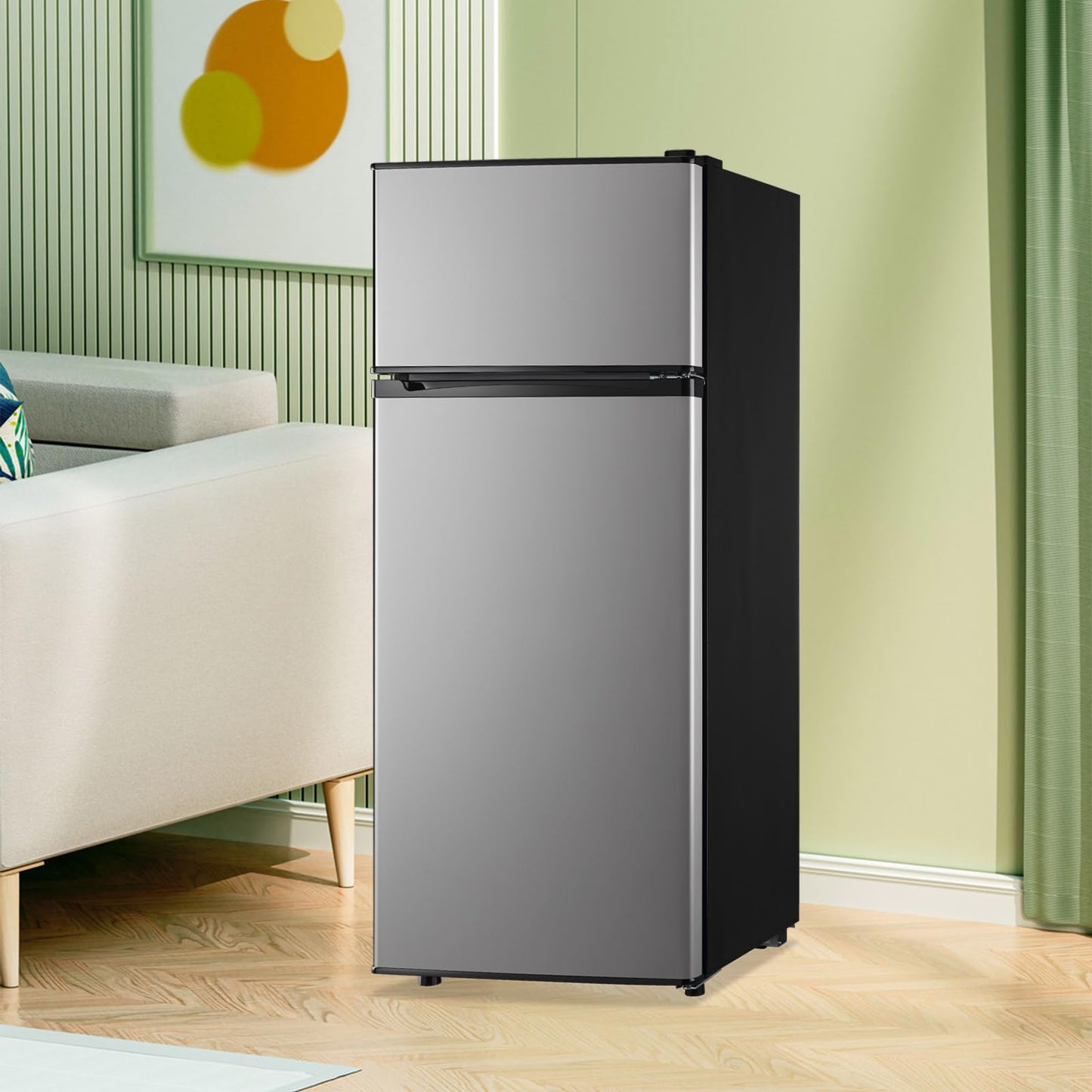 DEMULLER 4.5 CU.FT Refrigerator Silver Two Door Fridge with 7 Temperature Settings Spacous Capacity & Ideal Size for Modern Kitchen 3 Glass Shelves & 2 Wheels for Easy Use