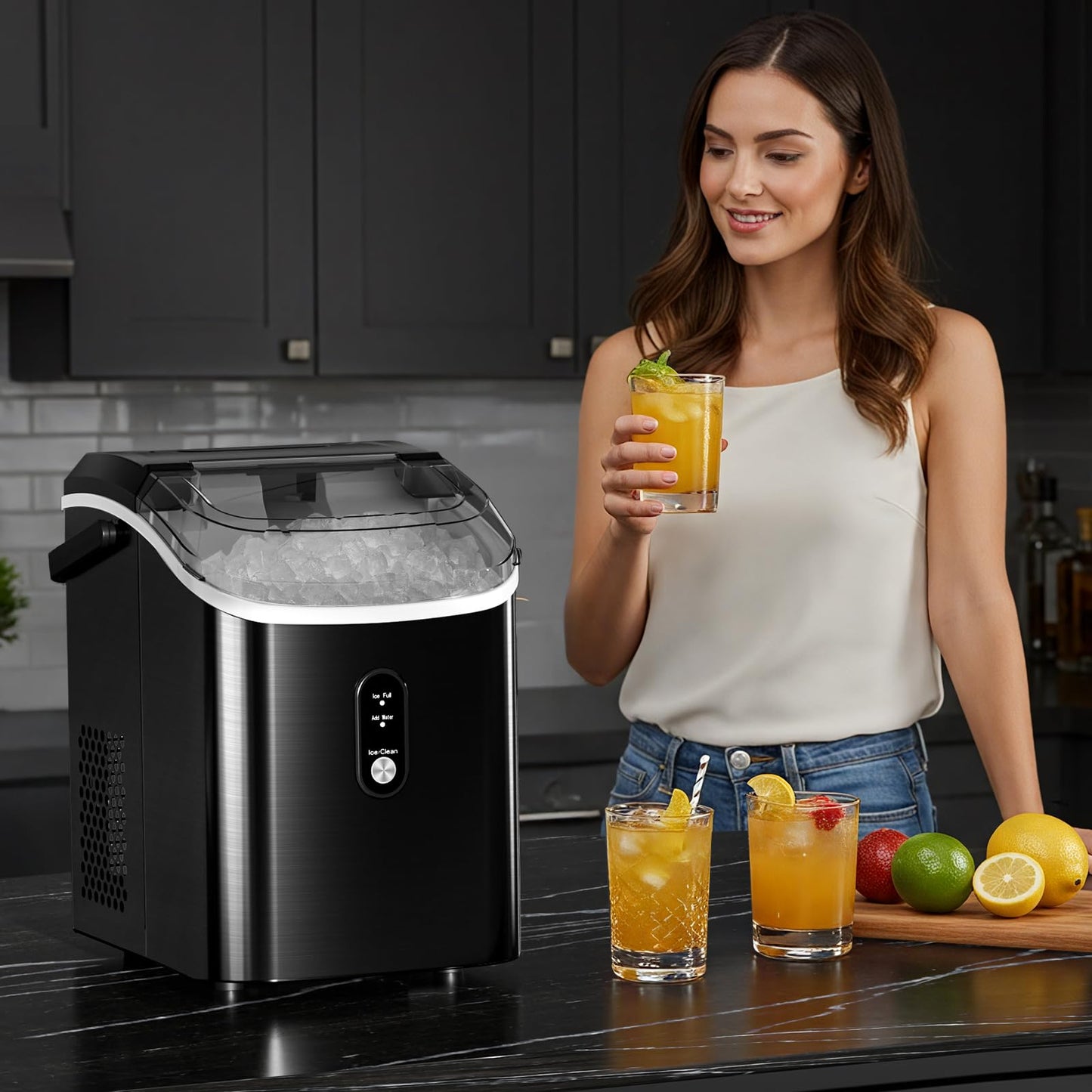 Antarctic Star Nugget Ice Maker Countertop, 34Lbs/24H, Soft Chewable Ice, Self-Cleaning, Portable Ice Machine, Fast Making in 8 Mins, Ice Basket & Scoop, Stainless Steel Black
