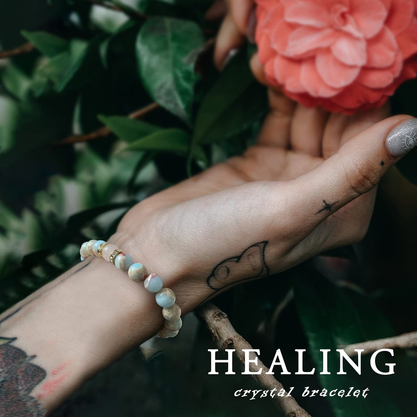 GolbalJew Healing Bracelet For Women Anxiety Beaded Bracelets Jewelry Healing Stone Crystal Bracelet Stress Relief Yoga Beads Chakra Bracelets Gifts For Women Rosa Quartz African Opal