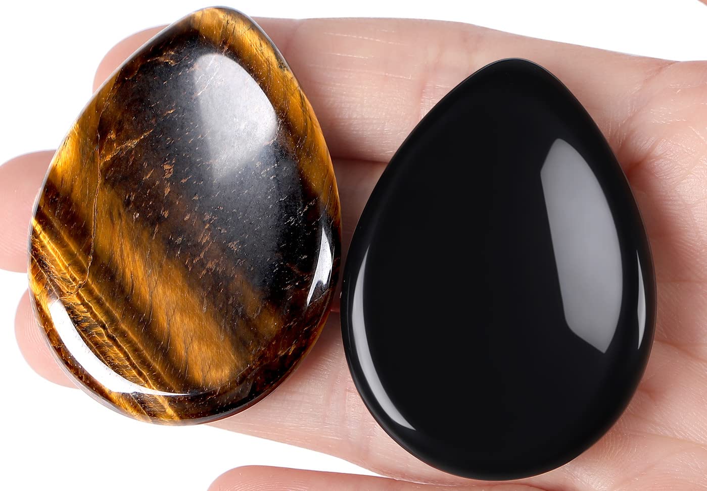 QINJIEJIE 2PCS Worry Stone for Anxiety Tiger's Eye Obsidian Healing Crystals Sets Hand Carved Thumb Stones Pocket Gemstones Meditation Crystal Reiki Relax Palm Stone Anxiety Relief Items