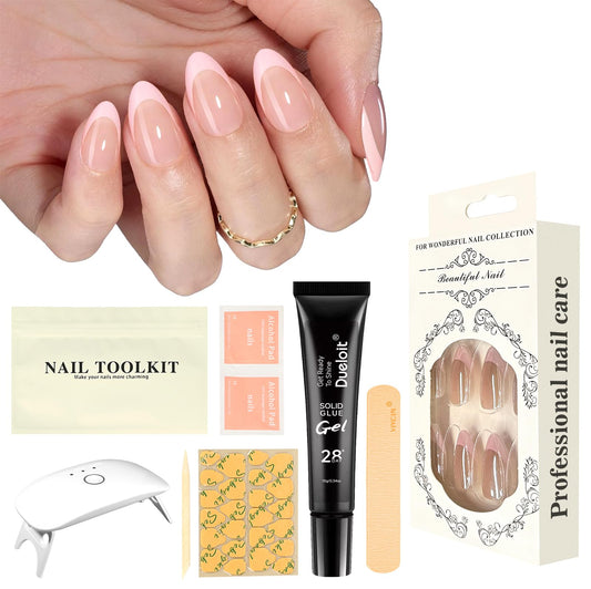 VIVCIN Press On Nails Kit with Nail Lamp,Pink French Tip Short Almond Gel Nails 24Pcs 16Sizes,All-in-One DIY Kit with Glue Remover Top Coat Cuticle Oil Mini UV Lamp,28+Days Long Lasting,Gift for Women