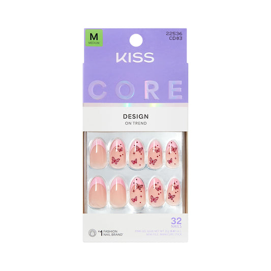 Kiss Core, Press On Nails, Nail glue included, 'Signature', Pink, Medium Size, Almond Shape, Includes 32 Nails, 2g Glue, 1 Manicure Stick, 1 Mini File