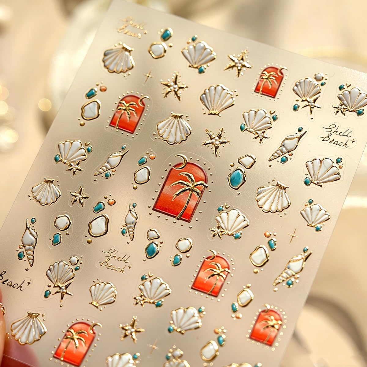 Summer Ocean Theme Nail Stickers 5D Embossed Nail Decals Gold Foil Seashell & Palm Tree Nail Art Stickers Self-Adhesive Nail Stickers for Nail Art for Women Girls DIY Manicure, 1 Sheet