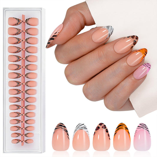 5Packs 160Pcs French Tip Press on Nails Leopard French Fake Nails Short Almond False Nails Stripe Line Nail Tips Glue on Nails Kit for Women Manicure Decoration Set 16 Size