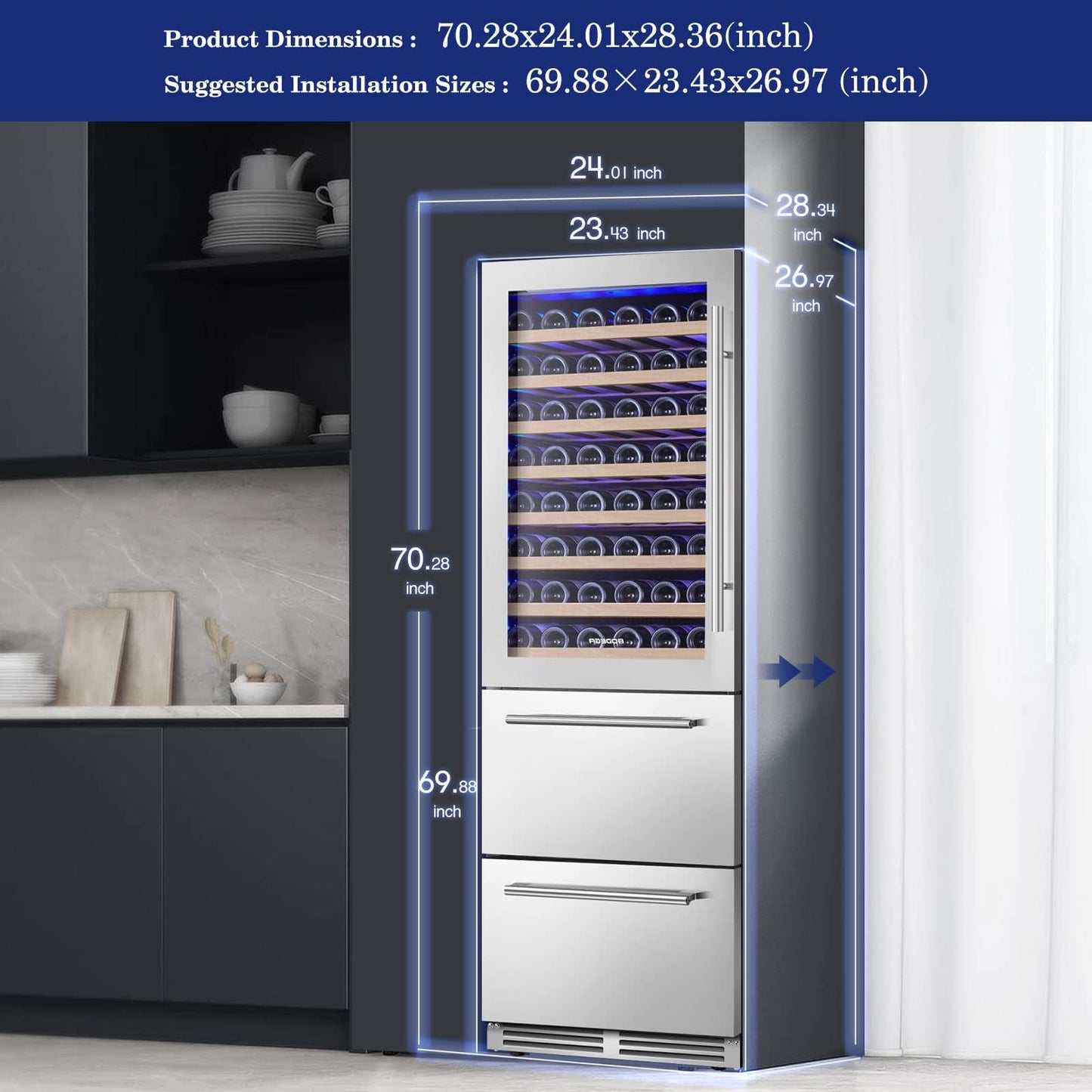 BODEGA Wine and Beverage Refrigerator, 24 Inch 2 IN 1 Dual Zone Wine Cooler,Built-in or Freestanding Beverage Cooler, Soft LED Light Hold 88 Bottles and 149 Cans, silvery