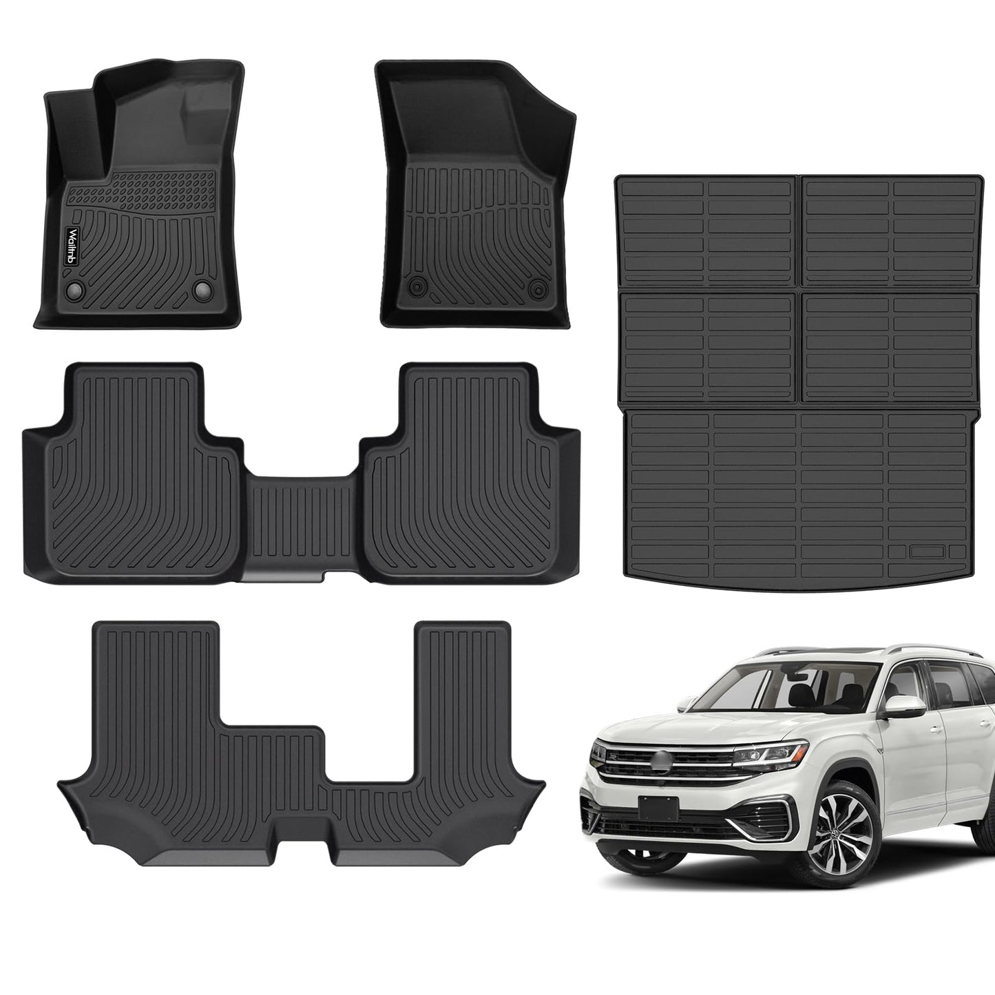 Wailtnb Floor Mats & Cargo Mat Custom for Volkswagen Atlas 7 Seats Bench Seating 2026 2025-2018 All Weather Protection Waterproof TPE Rubber Car Floor Liners Full Set