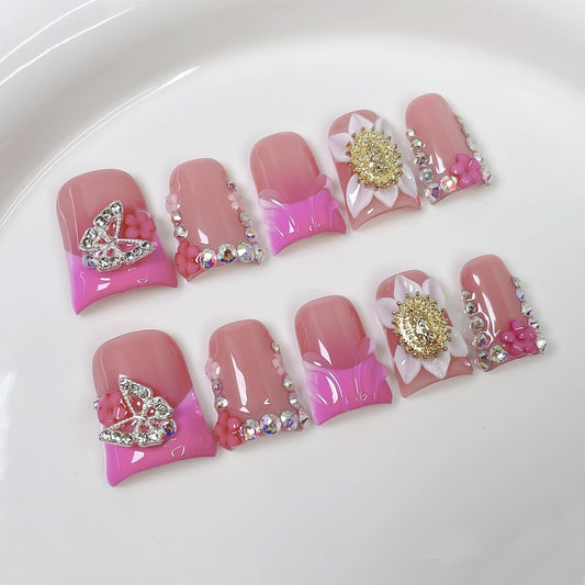 Handmade Press on Nails Duck Medium Fake Nails Pink French Tip Acrylic False Nails with 3D Flower and Rhinestone Butterfly Design Duck Nails Press ons Luxury Full Cover Stick on Nail for Women (M)