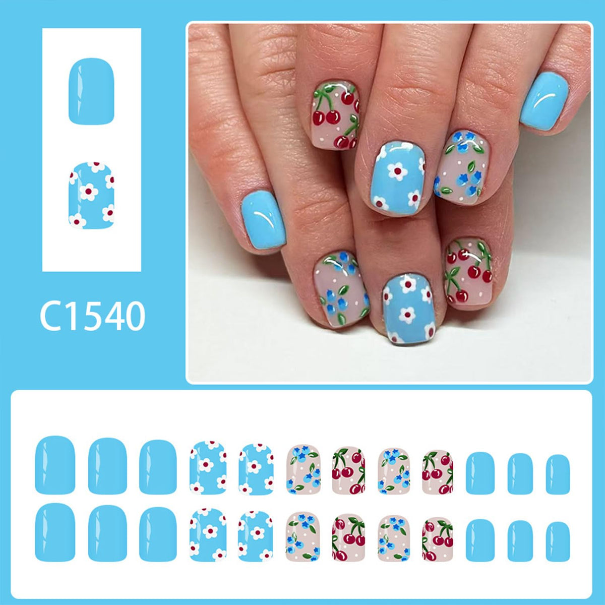 Spring Press on Nails Short Square Fake Nails with Blueberry Cherry White Flower Designs Spring Summe Nails Press ons Glossy Blue False Nails Nude Full Cover Glue on Nails for Women