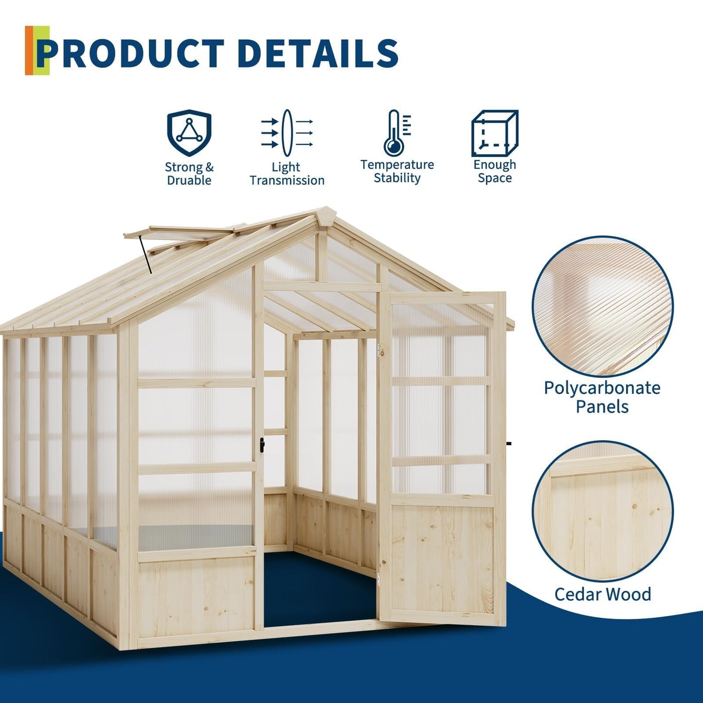 Wooden Greenhouse 8x10 FT, Heavy Duty Greenhouses with Lockable Door and Polycarbonate Panel for Outdoors, Wood Frame & Adjustable Vent, Large Walk-in Greenhouse for Gardens Yards Outside, Light Brown