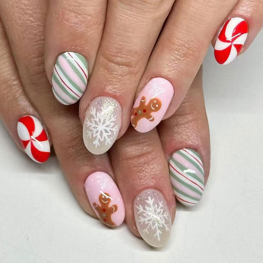 IMSOHOT Press on Nails Short Oval Fake Nails Red Green False Nails Cute Gingerbread Man, Santa Designs Round Glossy Acrylic Glue on Nails for Women Girls