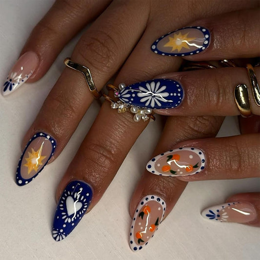 ORZOLATENT Boho Floral Tips Press-On Nails – Hand-Painted Blue & White Floral, Cherry Design, Long-Lasting Gel, Easy DIY