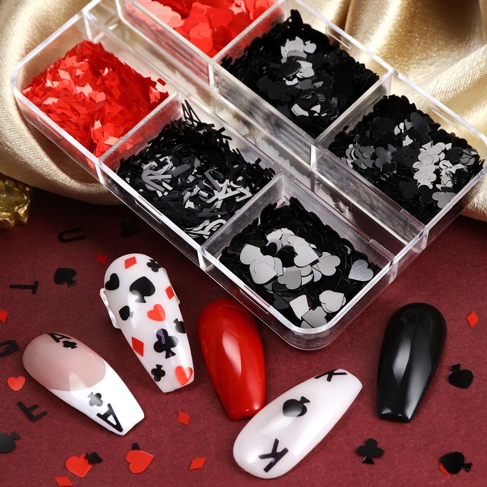 1 Box 2 Color Holographic Poker Nail Glitter Red Black Peach Hearts Nail Sequins 3D Letter Nail Flakes Sparkly Powder Flakes Shiny Nail Glitter Alphabet Nail Sequins Glitter for Nails Art 6 Grids