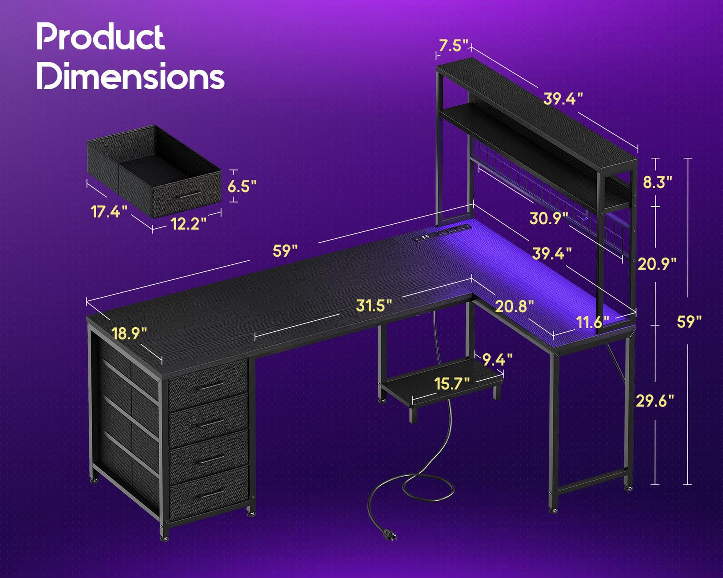 AODK L Shaped Gaming Desk with 4 Drawers, 59" Reversible Computer Desk with Hutch and Shelves, Gamer Desk with LED Lights, Power Outlets, Home Office Corner Desk with Gird Pegboard, Black