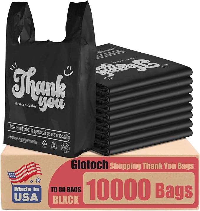Glotoch 10000 (10K) Count Plastic Thank You T-shirt Bags Black, 11.5 x 6.5 x 21" Grocery Shopping Bag with Handles for Restaurant, Retail, Togo, Takeout, Convenience Stores, in Bulk for Small Business