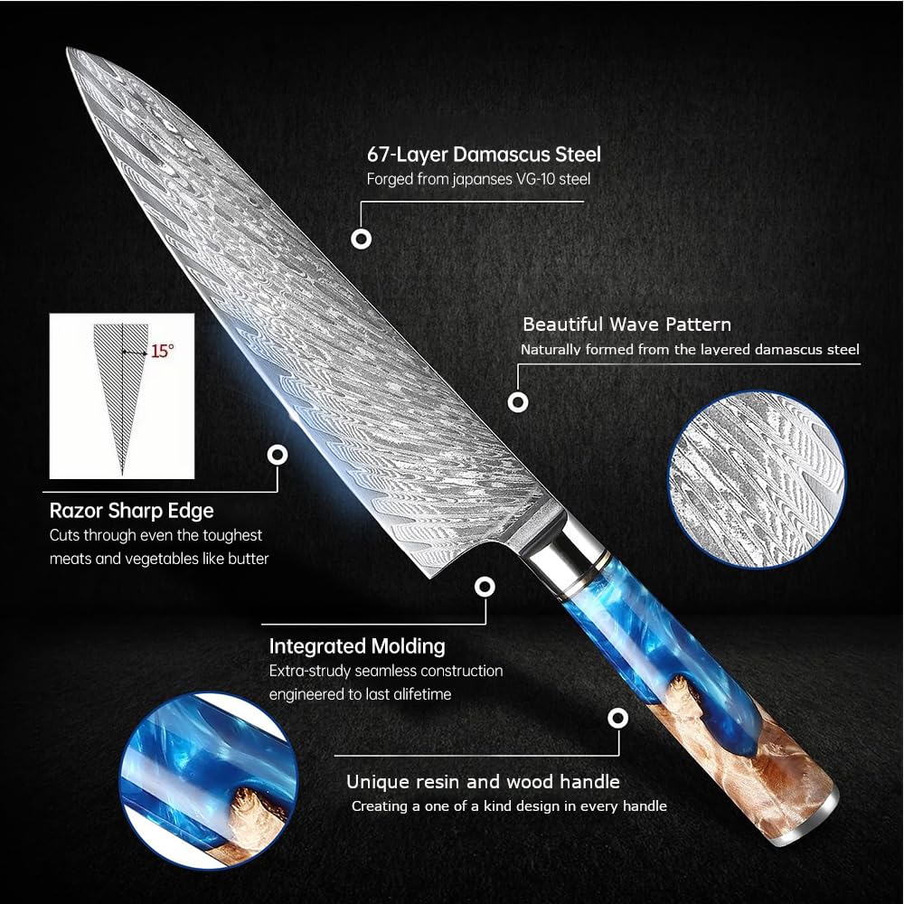 Epicurean Cook Damascus Kitchen Knife Set with VG10 Steel - 8-Piece Japanese Damascus Knife Set for Professional Performance - Ultra Sharp Chef Knives with Blue Resin Burl Wood Handles