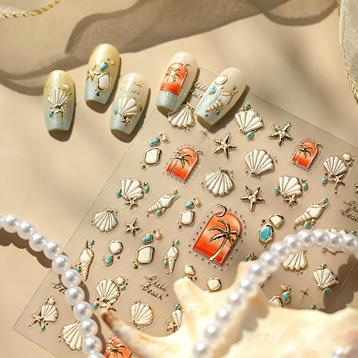 Summer Ocean Theme Nail Stickers 5D Embossed Nail Decals Gold Foil Seashell & Palm Tree Nail Art Stickers Self-Adhesive Nail Stickers for Nail Art for Women Girls DIY Manicure, 1 Sheet