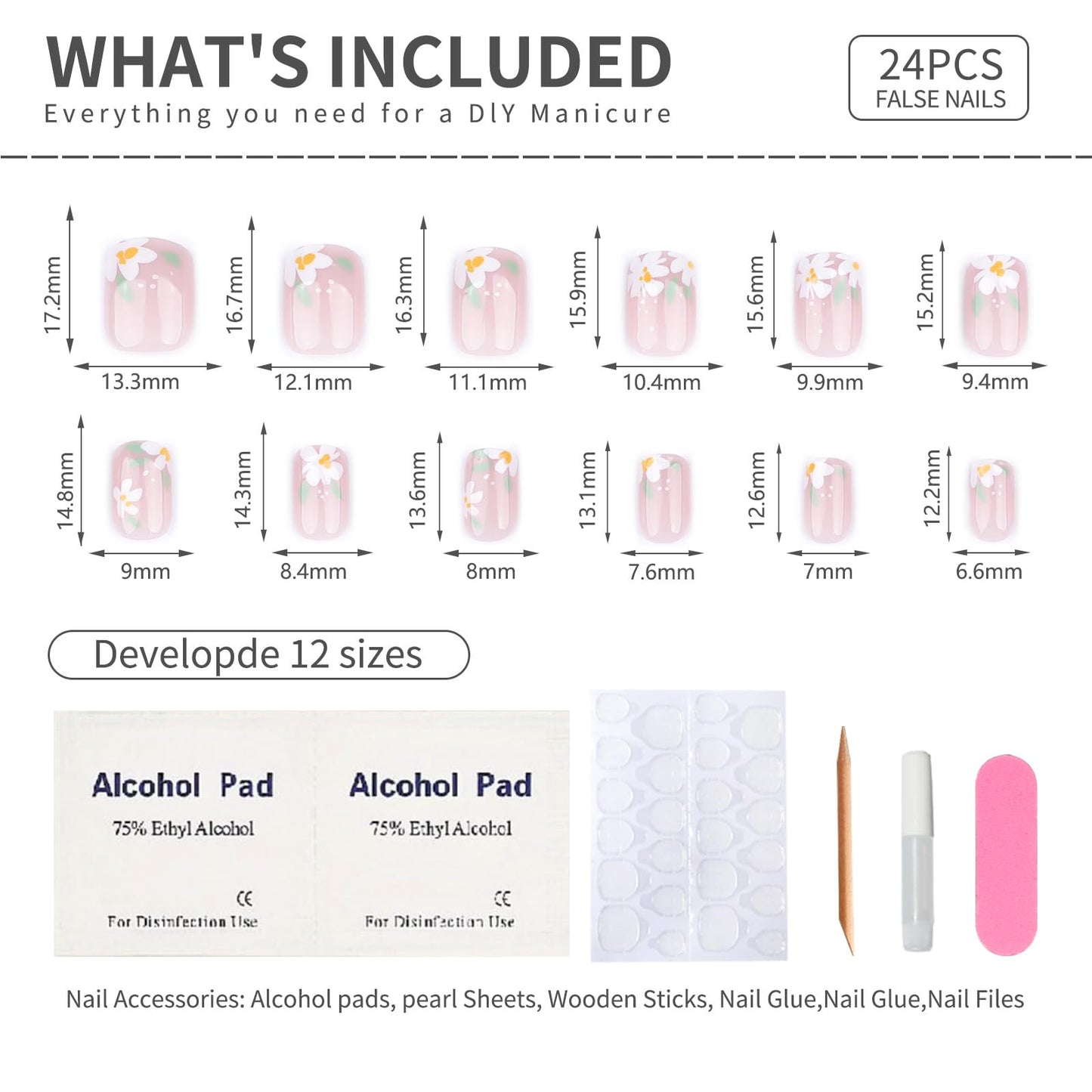 Stbisen Nude Pink Press On Nails Square Short, Daisy Flower Fake Nails with White Floral Design, Natural Glossy Finish Reusable Acrylic Nails, Glue On Nail Kit for Women, 24Pcs