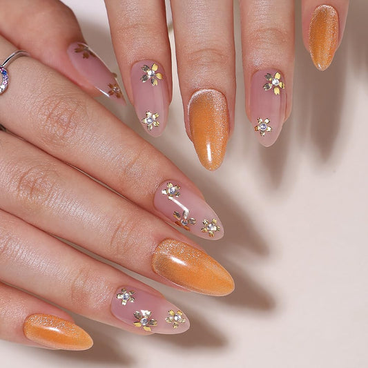 Nude Press on Nails Medium Almond Fake Nails Spring Nails Press ons with Flowers Design Glossy Full Cover Glue on Nails Artificial Stick on Nails for Women Manicure 24Pcs