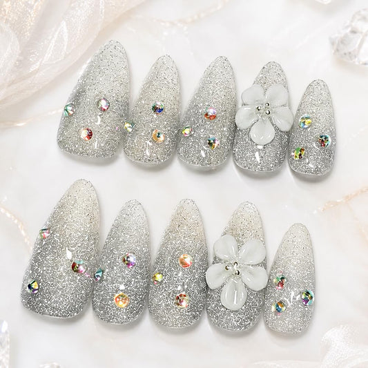 2IM Studio Handmade Press On Nails, Elegant Nude 3D Floral French Tip with Pearl Rhinestones, Almond Medium Length Full Cover Thick Reusable Acrylic Nail Kit for Women 10PCS (Galaxy Aurora-S)