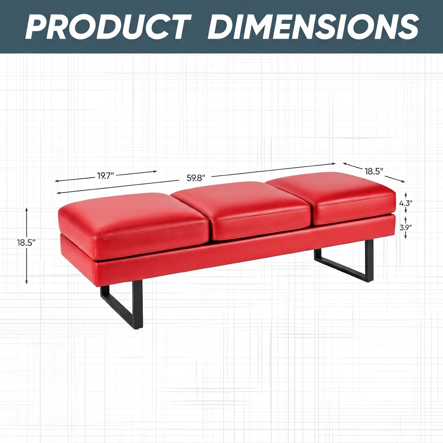Shahoo 3 Seats Faux Leather Reception Bench, 60 Inches Office Guest Chair with Heavy-Duty Metal Legs, Upholstered Waiting Room Chairs for Office,Conference & Living Room, Red