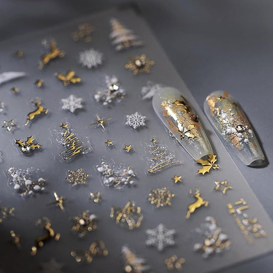Christmas Nail Art Stickers 5D Embossed Gold Elk Nail Stickers Self-Adhesive Snowflake Bow Xmas Tree Rhinestone Star Elk Nail Decals for Women Girls Winter Holiday Manicure DIY Nail Supplies